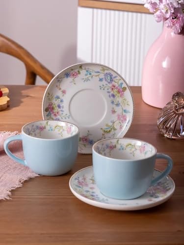 Porcelain Set of 2 Pastel Cups 8 oz with Saucers 5.75", Glamour by Marsseus Collection, Gift Box, Floral motif - color: Floral motif-4