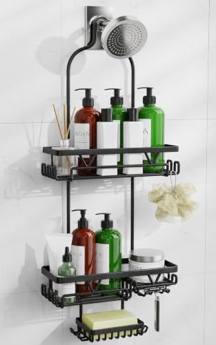 DAOYA Shower Caddy Hanging, Anti-Swing Over Head Shower Caddy, Rustproof Bathroom Organizer with Soap Holder & Hooks - color: Black, size: L