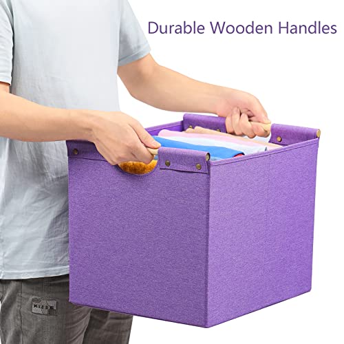 HOONEX Large Foldable Storage Bins, Linen Fabric, Pack of 2, Storage Baskets with Wooden Carry Handles and Sturdy Heavy Cardboard, for Home, Office, Car, Nursery, Purple - color: Purple
