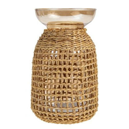 Ipetboom Rattan Cover Small Glass Flower Vase Amber Inner Bottle Decorative Straw Holder for Desktop Flower Arrangement Home Living Room Décor