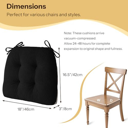 Anti Slip Kitchen Chair Cushions Set of 4 18"X16.5"X3" Black | Elegant Breathable Textured Fabric, with Ties, Tufted, Thick Polyester Filling, for Dining Chairs, Folding Chairs, Office - color: Black