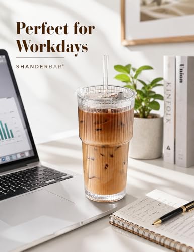 20 oz Ribbed Glass Tumblers with Lids and Straws, Clear, Set of 4 | Thick Reusable Iced Coffee Cups Leak-proof, Reusable Drinking Glasses for Cold & Hot Beverages, Fits Car Cup Holder Travel