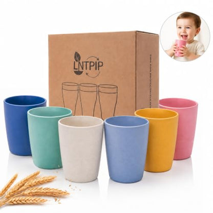 Wheat Straw Colored 6 Pack Kids Cups 12 OZ | Reusable Open Drinking Glasses BPA Free Dishwasher & Microwave Safe