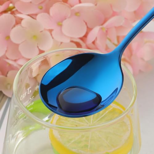4-Pcs Stainless Steel Round Soup Spoons, 6.88 Inch, Heavy-Weight, Set of 4 - size: 4 pcs Blue