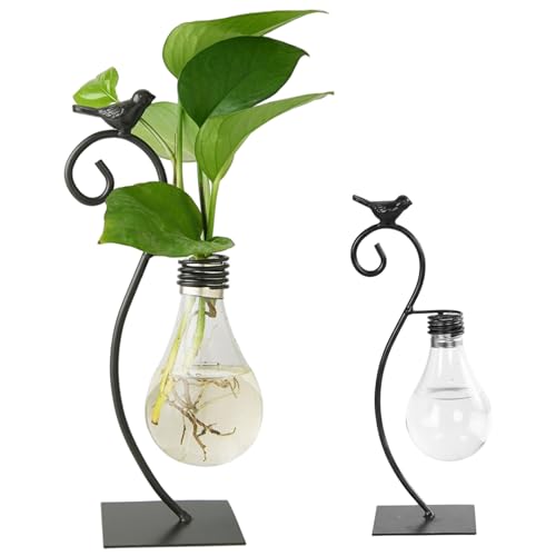Hydroponic Vase, Retro Tabletop Plant Propagation with Metal Holder, Air Planter Plastic Bulb Vase for Home Garden Office Decoration