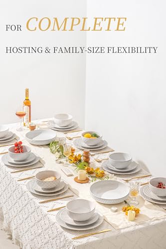 FOBENTA 32-Piece Luxury Dinnerware Set,Complete Plates and Bowls Set for 8,Upscale Ceramic Dish Set for Hosting, Holidays & Family Gatherings–Microwave & Dishwasher Safe - size: Service for 8-32Pcs (Double Bowl)