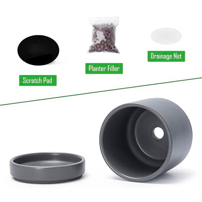 D'vine Dev 4-Pack Ceramic Pots with Saucers, Grey, 4.7 in, 94-X-B-3 | Glazed Ceramic, Drainage Hole and Saucer, Sleek Cylinder Shape, High Temperature Fired, Ideal for Small Houseplants - color: Gray, size: 4.7 Inch
