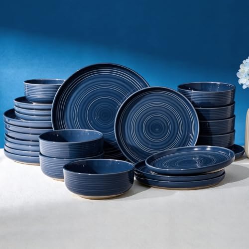 Dinnerware Set for 8, Ceramic Plates & Bowls, Abyssal Blue | 24 pcs Speckled Spiral Coupe Dishes, Chip & Scratch Resistant Everyday Ceramics, Microwave & Dishwasher Safe, Farmhouse Style - color: Abyssal Blue, size: Service for 8 (24pc)