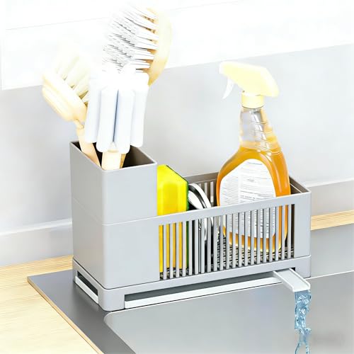 Rustproof Kitchen Sink Organizer for Countertop,Multifunctional Sink Organizer Caddy & Organization,Scrub Brush and Sponge Holder,Plastic Sink Storage Rack,Sponge Drain Rack,Dish Soap Dispenser,Grey - color: Gray