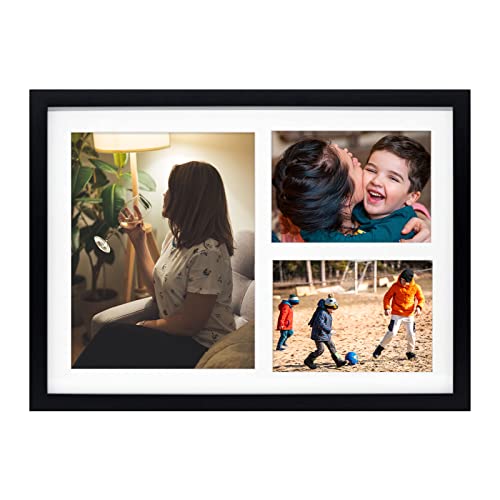 Golden State Art 12x17 Black Wood Picture Frame for 8x10 and 5x7 Photos | 3 Opening Picture Frame,White Mat included,Real Glass, Sawtooth Hanger - Wall Mounting - Great for Posters, Weddings(1 Pack) - color: Black&White Mat-1P, size: 1 8x10 And 2 5x7