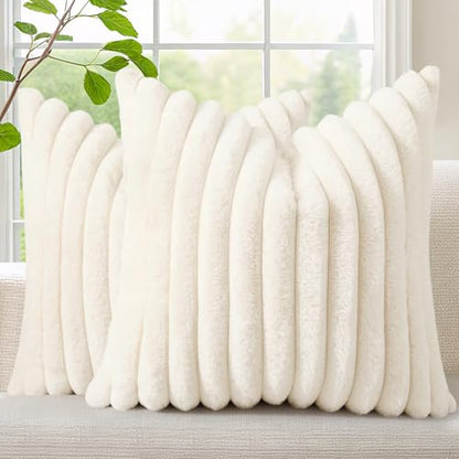 decorUhome Faux Fur Throw Pillow Covers 18x18 Set of 2, Boucle Plaid Check Faux Fur Throw Pillow Covers 18x18 Inch Set of 2, Autumnal
