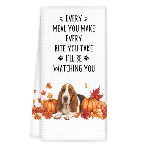 Basset Hound Gifts Fall Dog Kitchen Towels, Autumn Dog Hand Towels | Halloween Basset Hound Fall Dish Tea Towel for Kitchen Decorative, Autumn Pumpkin Dogs Bathroom Kitchens Decor, 16x24In - color: Basset Hound