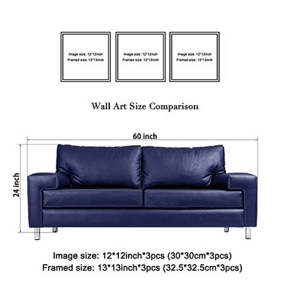 Wieco Art Framed Blue Abstract Flowers 3 Panels Canvas Prints Wall Art Modern Pictures Artwork for Living Room Bedroom Home and Office Decorations with Black Frame - size: 12x12inchx3pcs (Framed)