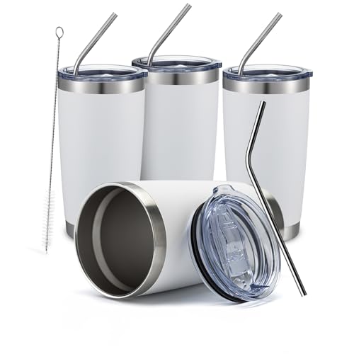 COMOOO 20oz White Tumbler Bulk with Straw Stainless Steel Insulated Coffee Tumbler Cups Double Wall Vacuum Travel Coffee Mug with Splash Proof Sliding Lid for Hot Cold Drinks (White, 4 Pack) - color: White