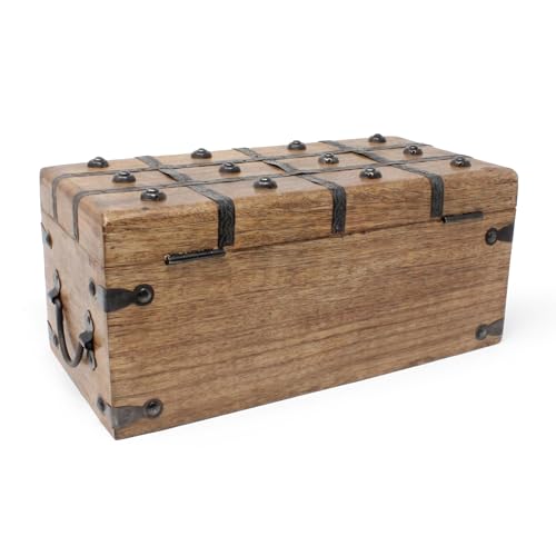 Treasure Chest Wooden Box with Antique Iron Lock and Skeleton Key (Medium 12.5x6x5.5) - Storage and Decor – Pirate Chest, Decorative Storage Chest with Hinged Lid, Wood Treasure Box - size: Medium 12.5 x 6 x 4.5"