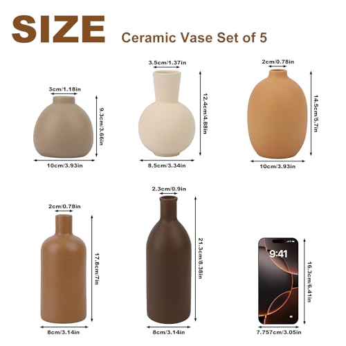 Ceramic Vase Set of 5, Neutral Decorative Vases for Home Decor, Modern Farmhouse Boho Pottery Vases, Terracotta Small Vases for Living Room, Entryway Table Decor