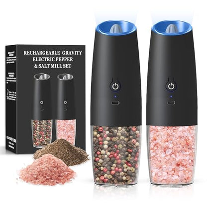 Rechargeable Gravity Salt Pepper Grinder Set, 2 Pack (Black) | Gravity Rechargeable Grinder With Led Light & Adjustable Coarseness, No Extra Batteries Needed For Kitchen Seasoning - color: Rechargeable/2pcs/Black