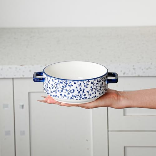 Soup Bowls with Handles - 24oz Ceramic French Onion Soup Crocks Serving Bowls for Pasta Cereal Beef Stew Pot Pies Casserole - Oven Microwave Dishwasher Safe - Set of 4, Blue | French Onion Soup Crocks Serving Bowls for Pasta Beef Stew Pot Pies Casserole -