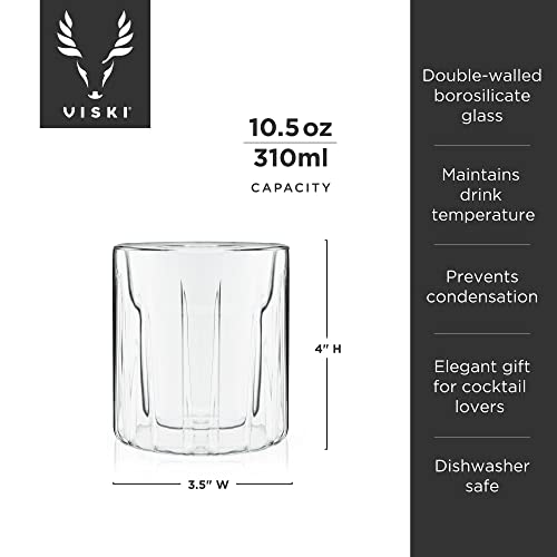 Viski Double Walled Rocks Glasses - Insulated Whiskey Tumblers with Cut Crystal Design - Dishwasher Safe 10.5oz Set of 2 - style: Double Walled Rocks