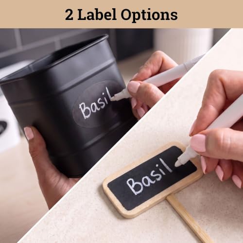 Herb Planter Indoor, 3-pc Herb Pots w/ Drainage Holes, Bamboo Tray & Labels | Iron Herb Pots, Varnished Bamboo Tray with Anti-Skid Base, Customizable Oval Sticker and Stick Labels & Chalkboard Marker Pen - color: Black