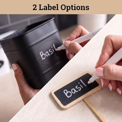 Herb Planter Indoor, 3-pc Herb Pots w/ Drainage Holes, Bamboo Tray & Labels | Iron Herb Pots, Varnished Bamboo Tray with Anti-Skid Base, Customizable Oval Sticker and Stick Labels & Chalkboard Marker Pen - color: Black