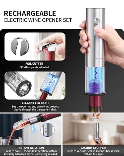 CIRCLE JOY Electric Wine Bottle Opener Set Stainless Steel Rechargeable Wine Opener 8-in-1 Wine Gift Set with Charging base, Foil Cutter, Wine Aerator Pourer, Vacuum Pump & 2 Wine Stoppers, Silver - color: 8-in-1 Silver