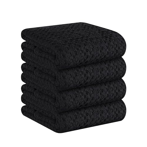 Native Fab Set of 4 Premium Waffle Dish Towels 16x26 inches - Soft Absorbent - 100% Cotton Kitchen Towels for Quick Drying Dishes, Reusable Cleaning Cloths, Black - color: Black Premium, size: Set of 4
