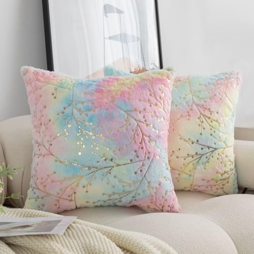 LIGICKY Set of 2 Rainbow Pillow Covers Fluffy Tie Dye Fur with Gold Branches Glitter Throw Pillows Decorative Pink Blue Soft Furry Sparkling Square Cushion Cases for Girl Room Couch Décor 18x18inch - color: Pinkblue Gold, size: 20" x 20" (Pack of 2)