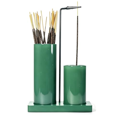 2 in 1 Incense Holder for Sticks Incense Burner Holder with Storage,Glass Upside Down Incense Holder for Sticks with Glass Ash Catcher for Meditation Yoga Spa Room Home Decor[Full Green] - color: All Green, size: 1 tall 1 short glass