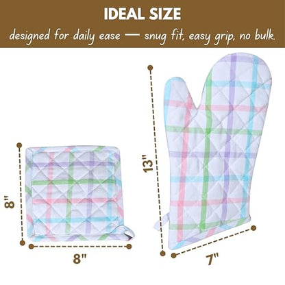 Native Fab 4 Piece Set - 2 Oven Mitts & 2 Potholders, Heat Resistant, 100% Cotton, Quilted Design, Non-Slip Grip, Ideal for Baking, Cooking, BBQ, Kitchen Protection, Multi-Color Checks - color: Multicolor