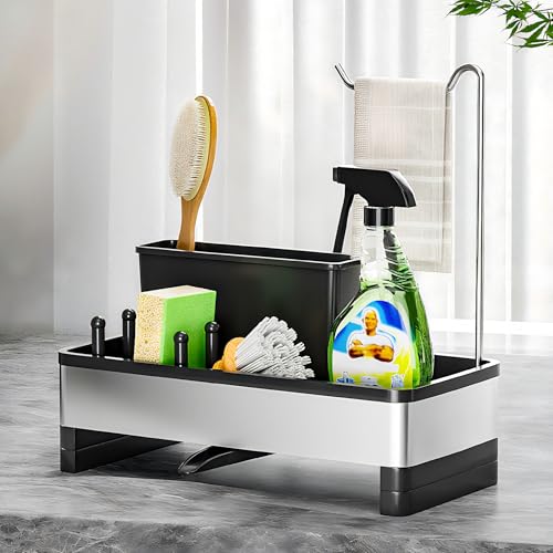 Ewaiira Sponge Holder for Kitchen Sink, Stainless Steel Sink Caddy | with Brush Holder & Dishcloth Rack, Countertop Sink Organizer, Soap Dispenser Kitchen Organizers Storage (D-Black 9.8″) - color: D-black