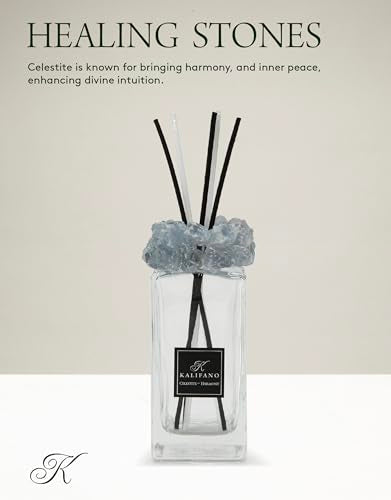 KALIFANO Luxury Glass and Celestite Crystal Diffuser with Decorative Selenite Reeds - Premium Fragrance/Aroma Diffuser Bottle with Healing Effects (Essential Oils Not Included) - color: Celestite