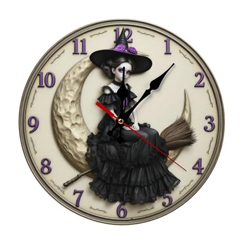 Wall Clock, Gothic Witch Non Ticking Wall Clocks Battery Operated, Beige Wooden Wall Clocks for Living Room, Bedroom, Office Decorative 10 Inch - color: Style-1