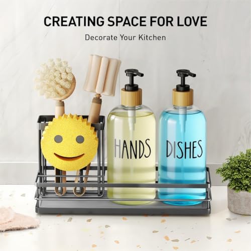Moforoco Kitchen Dish Soap Dispenser Set, 16OZ Glass Bottle, Hand and Dish Soap Dispenser Set, Instant Dry Tray, Brush Holder with Smiley Face Sponge Holder (Black Tray+Clear Bottle) - color: Black Tray+clear Bottle