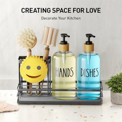 Moforoco Kitchen Dish Soap Dispenser Set, 16OZ Glass Bottle, Hand and Dish Soap Dispenser Set, Instant Dry Tray, Brush Holder with Smiley Face Sponge Holder (Black Tray+Clear Bottle) - color: Black Tray+clear Bottle