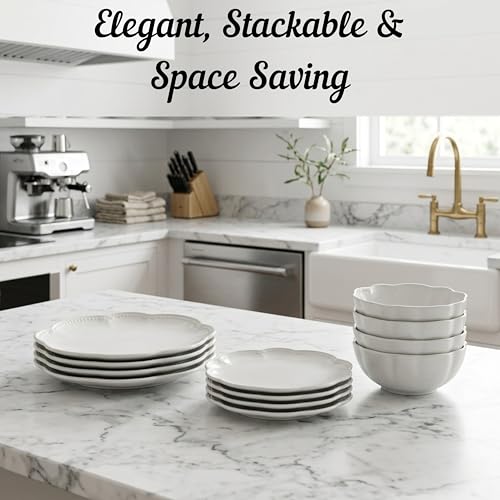 Sango Bethany 12 Pieces Scalloped White Plates & Bowls Set - color: White, size: 12-Piece Set