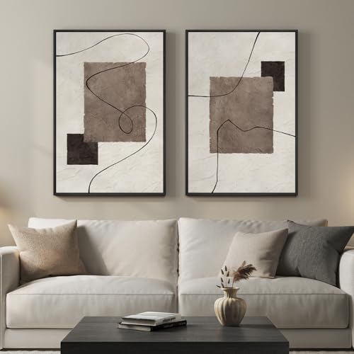 Framed Neutral Abstract Wall Art for Living Room, Set of 2 Geometric Line Beige Brown Canvas Artwork for Walls, Large Minimalist Modern Painting Print for Hallway Bedroom Office Wall Decor, 24x36 Inch - color: Neutral Geometric
