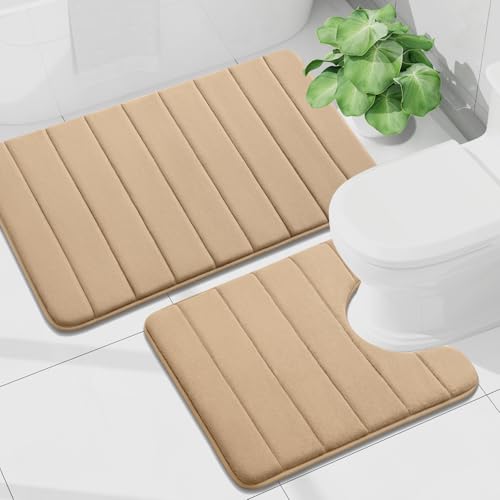 Buganda Memory Foam U-Shaped Toilet Rug Bath Mat Sets 2 Piece, 36x24+24x20 | Camel, Bathroom Mat and Contoured Toilet Rug, Machine Wash Dry, Soft Absorbent Bath Rug for Bathroom, Shower and Tub - color: Camel, size: 36" X 24"+24" X 20"