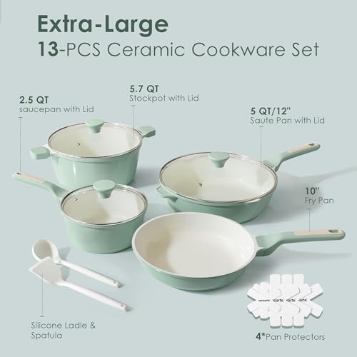 SENSARTE Nonstick Ceramic Cookware Set Large 13-Piece, Healthy Pots and Pans Set Dishwasher Safe, Non-toxic Kitchen Cooking Set with Stay-Cool Handles, Induction Compatible, PFAS Free, Green - color: Light Green