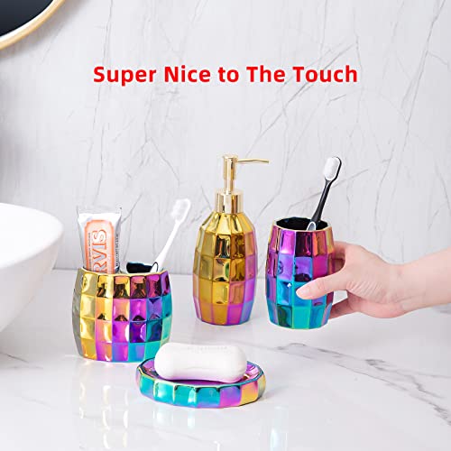 Rainbow Bathroom Accessory Set, Colorful/Gold Mosaic Ceramic Bathroom Accessories Sets Includes Lotion Dispenser, Toothbrush Holder Tumbler, and Soap Dish - color: Rainbow