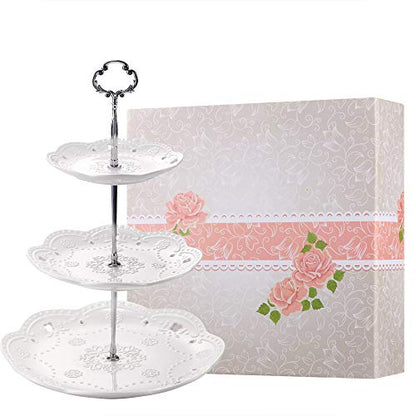 3-Tier Porcelain Cupcake Stand Serving Tray - White Embossed Elegant Dessert Cake Stand - Pastry Serving Stand for Tea Party, Wedding and Birthday