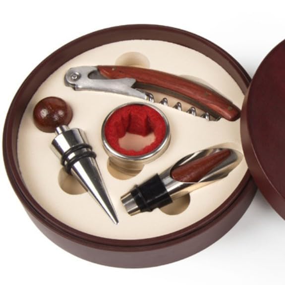 Premium Wine Tool Set with Stainless Steel Bottle Opener, Corkscrew, and Accessories in Elegant Circular Wood Case