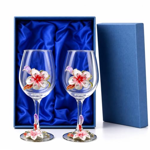 Comeon Flower Wine Glasses Hand Painted Wine Glasses Pink 2 Set | Handmade Enamels Pink Floral Design, Gift Box, Long Stem Crystal Red Wine Glasses, Transparent Glass - color: Pink/ 2 set (gift box)