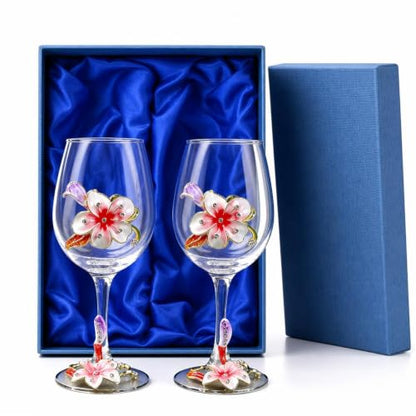 Comeon Flower Wine Glasses Hand Painted Wine Glasses Pink 2 Set | Handmade Enamels Pink Floral Design, Gift Box, Long Stem Crystal Red Wine Glasses, Transparent Glass - color: Pink/ 2 set (gift box)