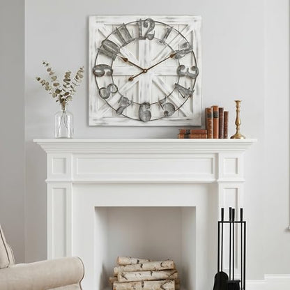 24 Inch Large Farmhouse Wall Clock, Rustic White Distressed Wood Frame with X-Brace Barn Door Backing, Silent Non-Ticking Quartz Movement,for Living Room, Fireplace, Entryway, or Dining Room - color: White