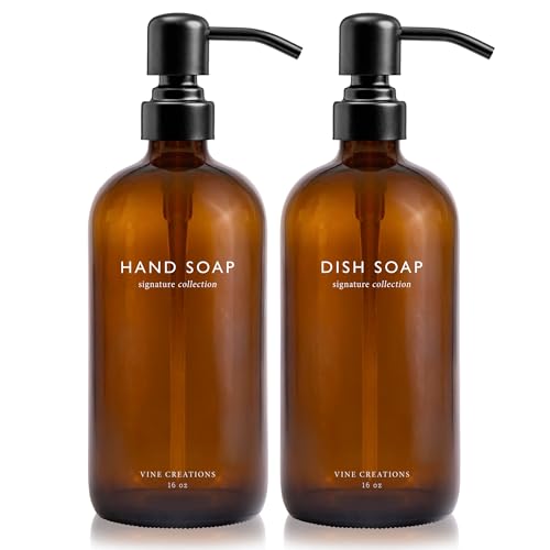 Vine Creations Amber Glass Soap Dispenser Set, Dish Soap and Hand Soap Dispenser Set with Stainless Steel Pump, 16 oz Glass Dispensers for Kitchen or Bathroom Decor (Amber Bottle/Matte Black Pump) - color: Amber Bottle / Matte Black Pump