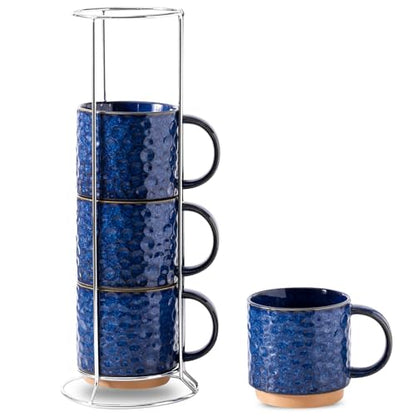 Nihow 16 OZ Ceramic Coffee Mug with Stackable Stand,Set of 4,Blue | Stainless Stand Included, Cappuccino & Tea, Hot/Cold Drinks, Dishwasher & Microwave Safe - color: Vivid Blue, size: 16 oz With Stand