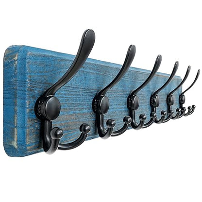 Coat Rack Wall Mounted - 24" Long 6 Tri Hooks, Heavy Duty Wooden Wall Coat Hanger Coat Hook for Clothes Hat Jacket Clothing, Weathered Blue and Black - color: Weathered Blue & Black, size: L=24"