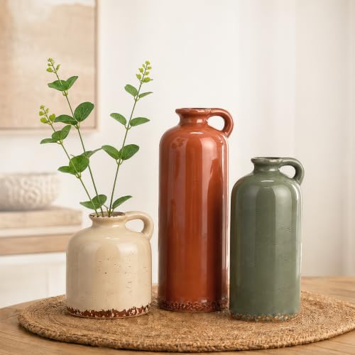 Ceramic Vases Set of 3, Neutral Pottery Rustic Farmhouse Flower Vase | Small Decorative Flower Vases Modern Home Decor for Table Mantel Entryway Bookshelf Living Room Kitchen Bedroom - color: Rustic Terracotta
