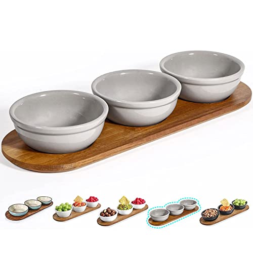 12 oz Solid Ceramic Chip and Dip Serving Set with Acacia Wooden Tray, 5-inch Grey Dipping Bowls, Small Serving Bowls for Side Dishes, Salsa, Appetizer, Serving Dishes for Entertaining - color: Gray, size: 5 inch